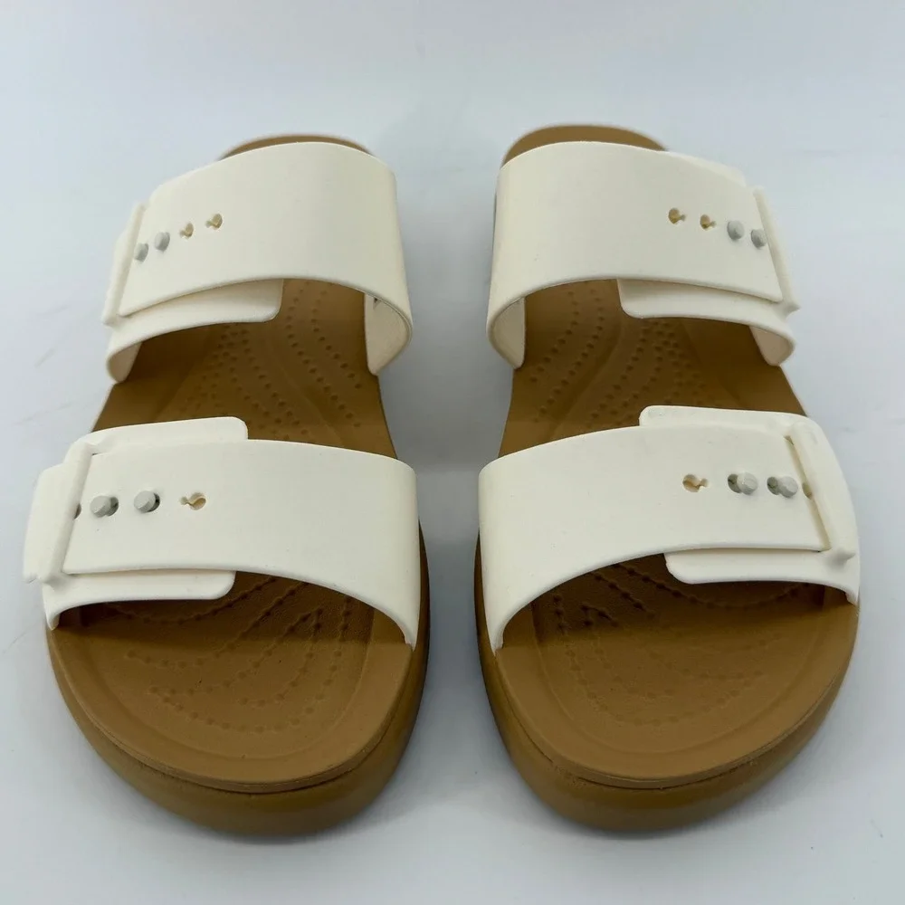 Crocs Brooklyn Buckle Low Wedge Sandal White Tan Women 6 Slip On Flip Flop New